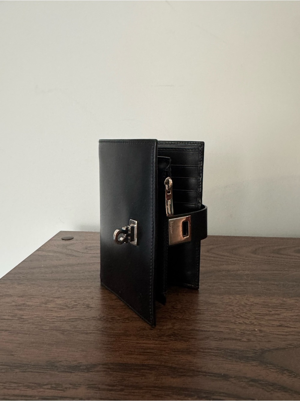 Salvatore Ferragamo Black Leather Wallet with Silver Hardware Gancini Clasp